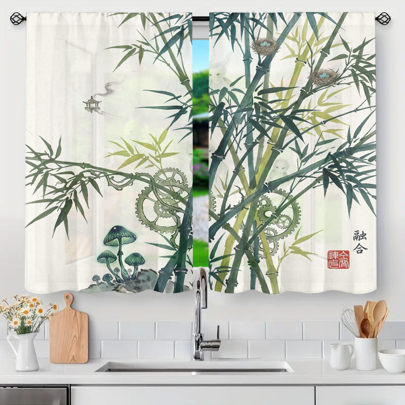 Home Decor Japandi Style - 装飾的な竹模様のカーテンパネル、半透明の窓用ドレープ、家の装飾、キッチン、バスルーム、ジャパンディ、ボヘミアンスタイル、自然風