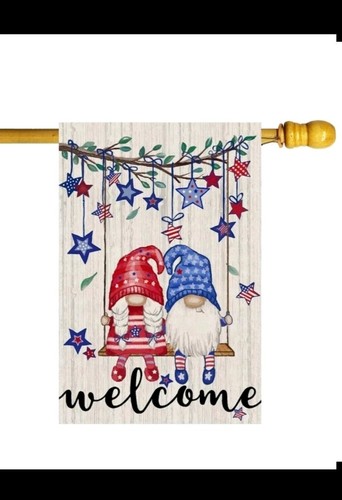 Home Decor Usa - ウェルカムツリー 愛国的なノームがブランコに乗って、米国旗 28x40インチ ガーデンホームデコレーションフラッグ AAV
