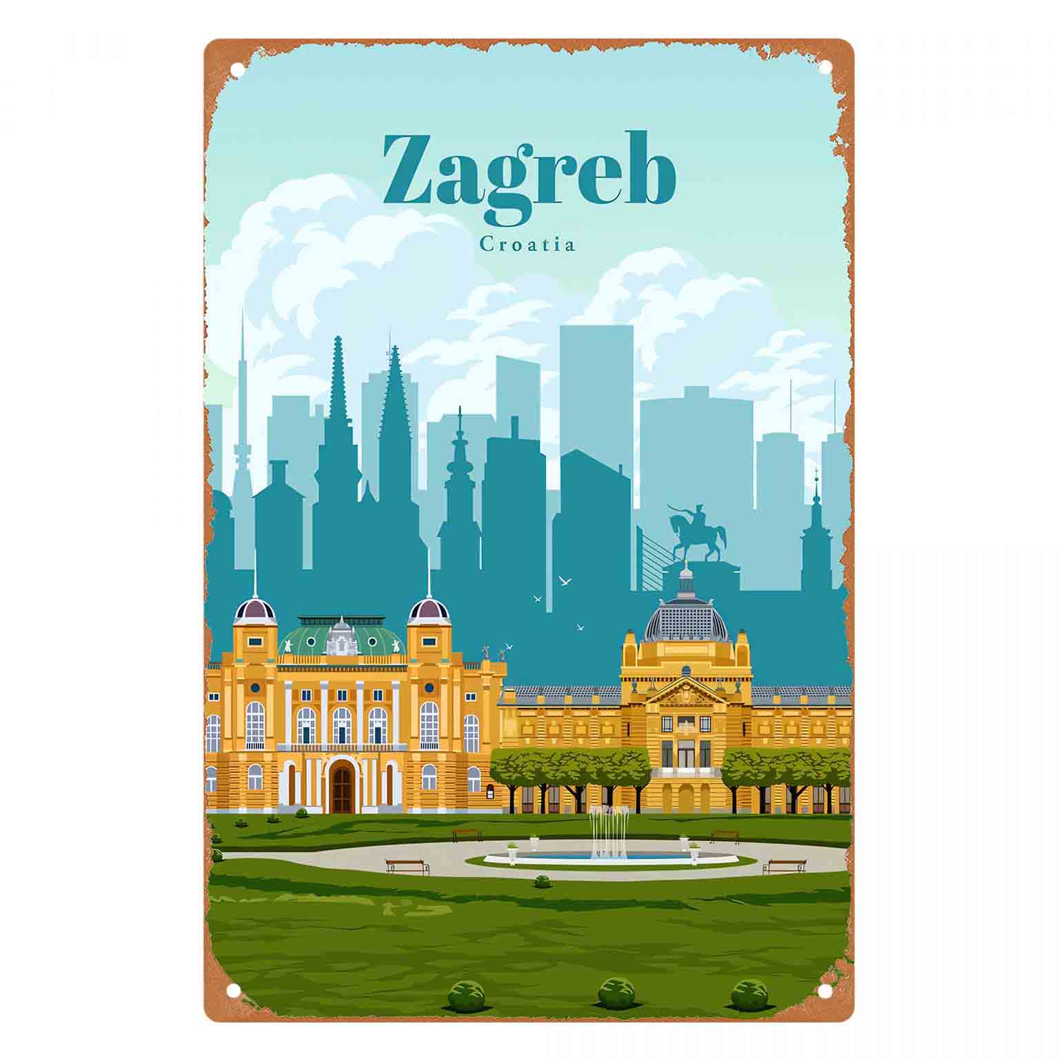 Home Decor Zagreb - 2Dフラット1ピースザグレブクロアチア都市風景メタルウォールサイン装飾品、家庭、カフェ、ガレージ、寝室、ポーチ、庭用