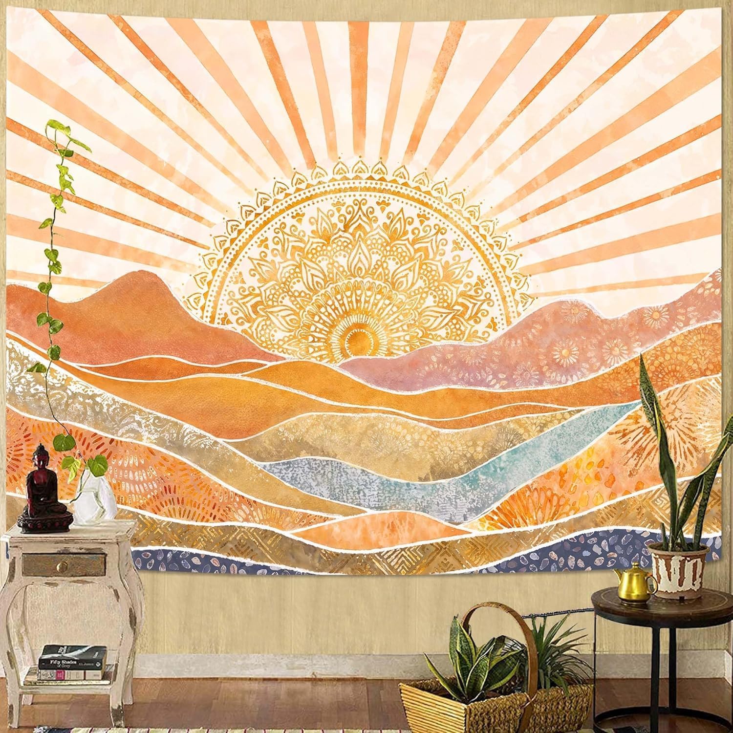 Aesthetic Tapestry - 美的ボヘミアン太陽山タペストリー、水彩マンダラサンバースト壁掛け、寝室やリビングルーム用のボヘミアン風景タペストリー