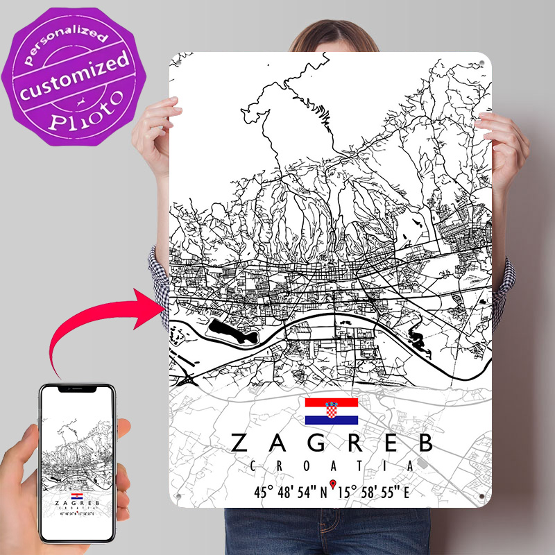 Home Decor Zagreb - ザグレブ地図クロアチア3Dテクスチャメタルポスターカスタムウォールアートブリキ看板ギフト男性用装飾品リビングルーム装飾男性用ホームデコレーション