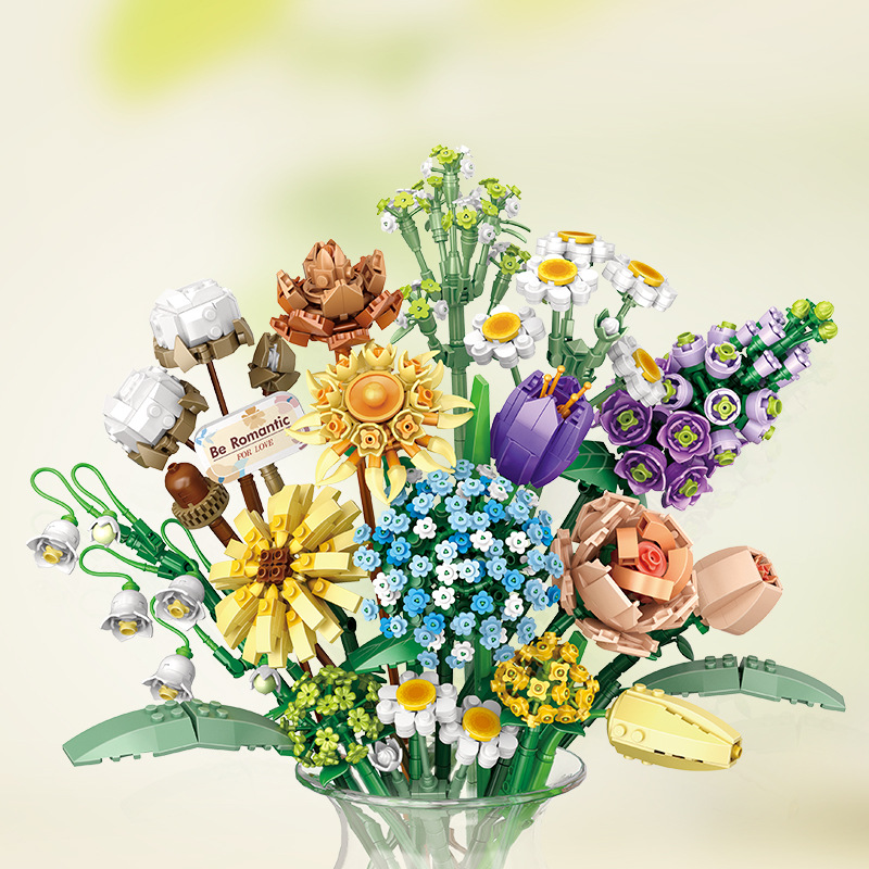 Home Decor Garden Ideas - ロマンチックなバラの花ひまわり水仙庭園ハウスビルディングブロッククラシックモデルミニレンガセット子供キット