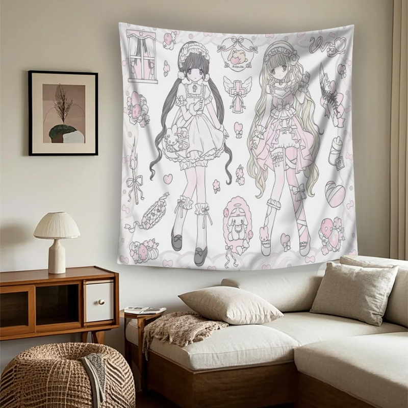 Aesthetic Tapestry - 1PC デジタルプリントタペストリー壁掛け、ピンクのアニメガールポートレート夢のような美的感覚、かわいい日本の漫画ウォールアート装飾