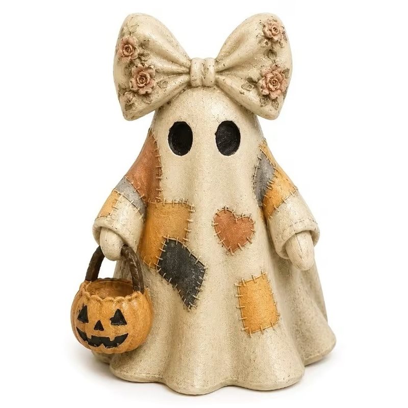 Home Decor Deals - 【大特価】テーブルトップ、マントルピース、家の装飾用のパッチワークゴーストハロウィンデコレーション、花柄のリボンとカボチャのバスケット付き