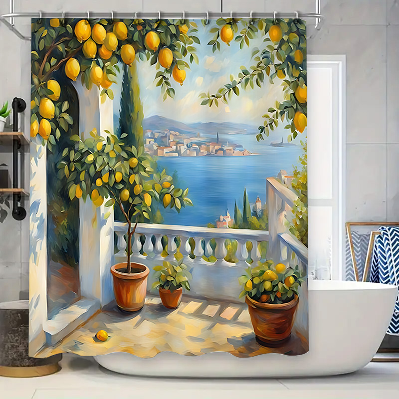 Home Decor Garden Ideas - 地中海レモンガーデンシャワーカーテン、海岸ヴィラ風デザイン、防水バスライナー、家の装飾用、心地よいバスルームのアイデア