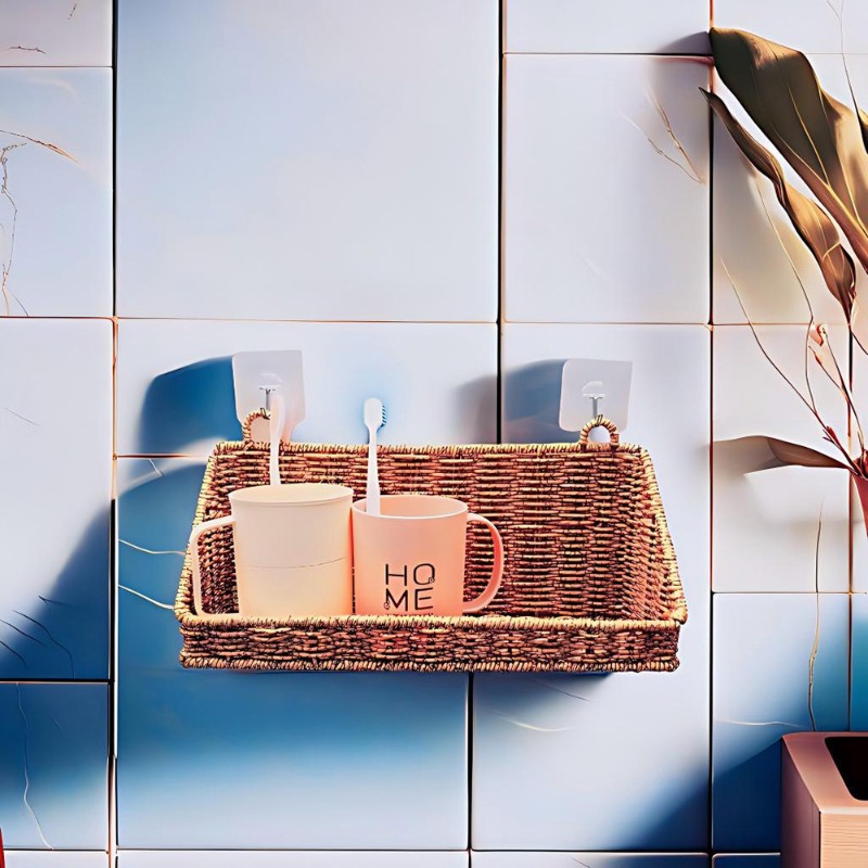 Woven Wall Basket - 編まれた籐製吊り下げ収納バスケット フック付き 壁掛け式 ハンパー キッチン ホーム用