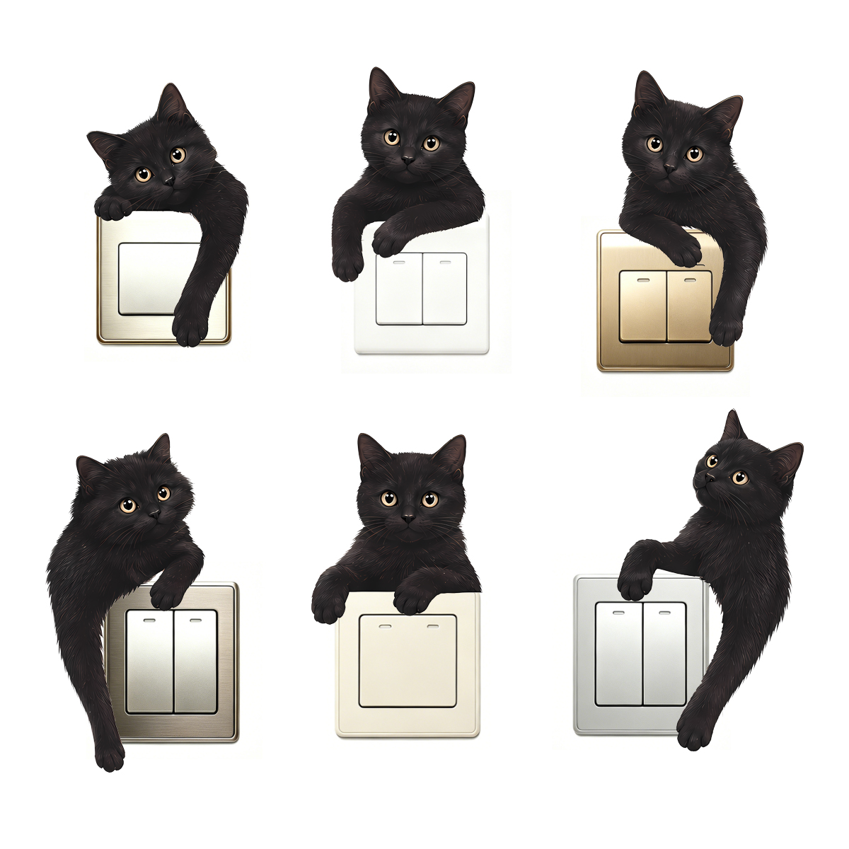Home Decor Outlet - かわいい黒猫のライトスイッチウォールデカール、6枚セットのリムーバブルビニールステッカー、ライトスイッチやコンセント、家の寝室用の覗き見猫のデコレーション