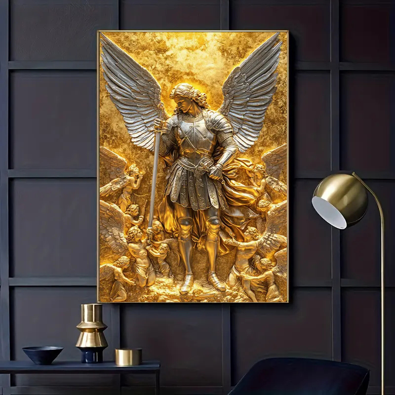Home Decor Quirky - 大天使ミカエルゴールドエンジェル像ウォールアートキャンバスポスターとプリント壁絵キャンバスプリントリビングルームの家の装飾用