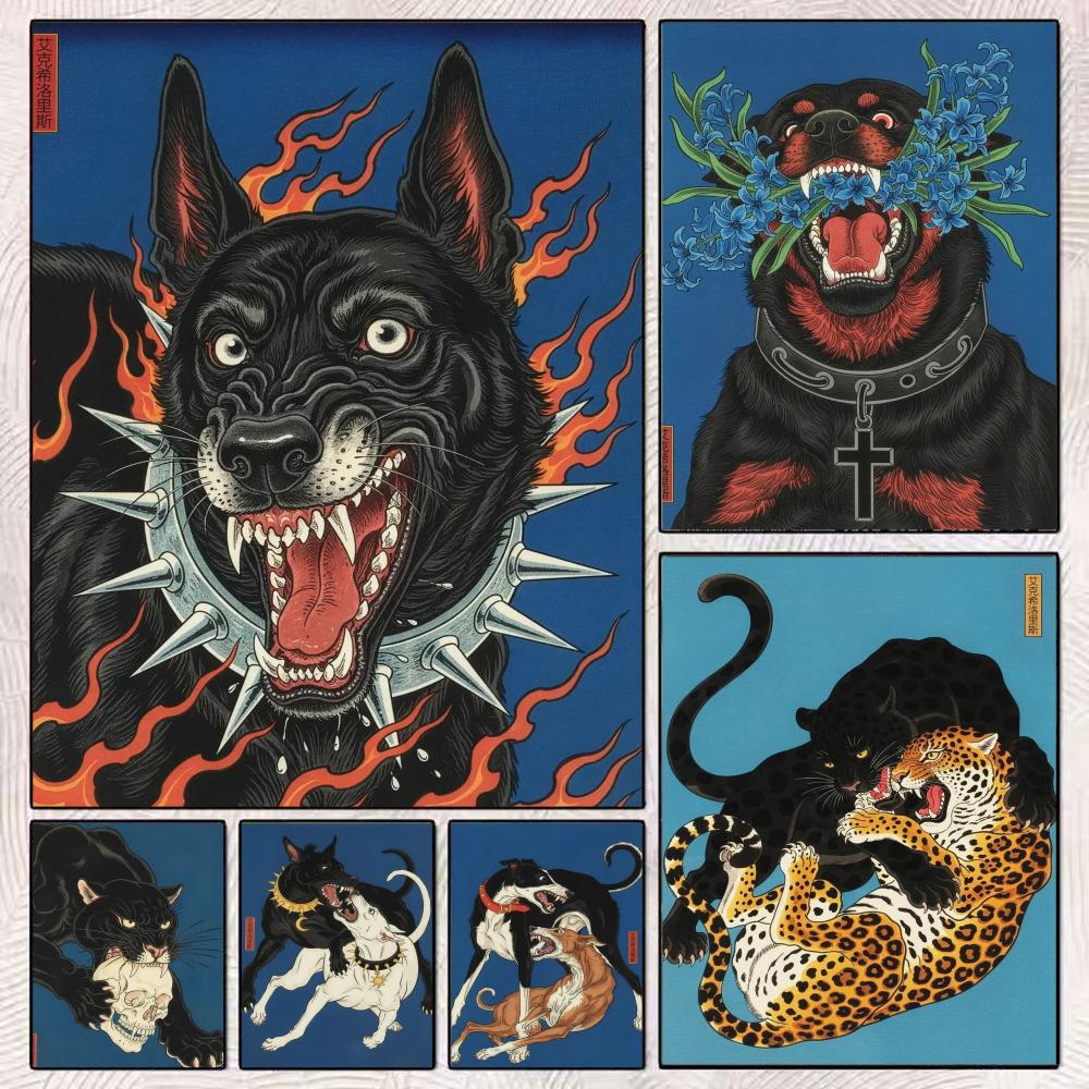 Home Decor Japandi Style - Japandi スタイル犬エクシロリス絵画書道モダンキャンバス壁アートプリントスタイリッシュな寝室カフェ家の装飾ギフト