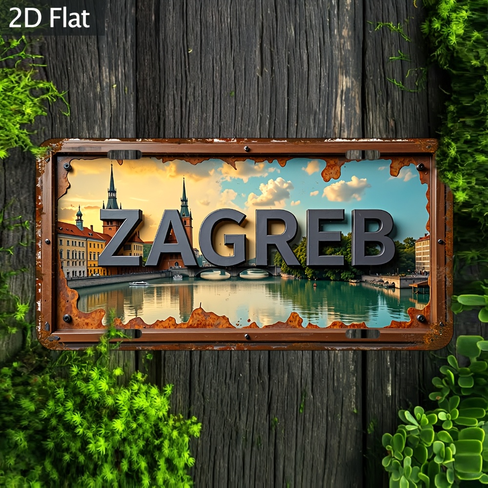 Home Decor Zagreb - 2Dフラット - [オープン] 2Dフラットレトロザグレブ都市景観メタルウォールデコレーション - 家庭、庭園、カフェ、バーの装飾に最適、レット