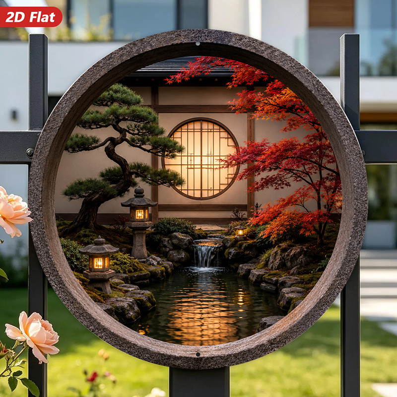 Home Decor Garden Ideas - 2Dフラット、1枚の丸い金属製サインウォールアート、日本の庭園風景のホームデコレーション、盆栽、赤い楓、提灯、滝、アイデア付き