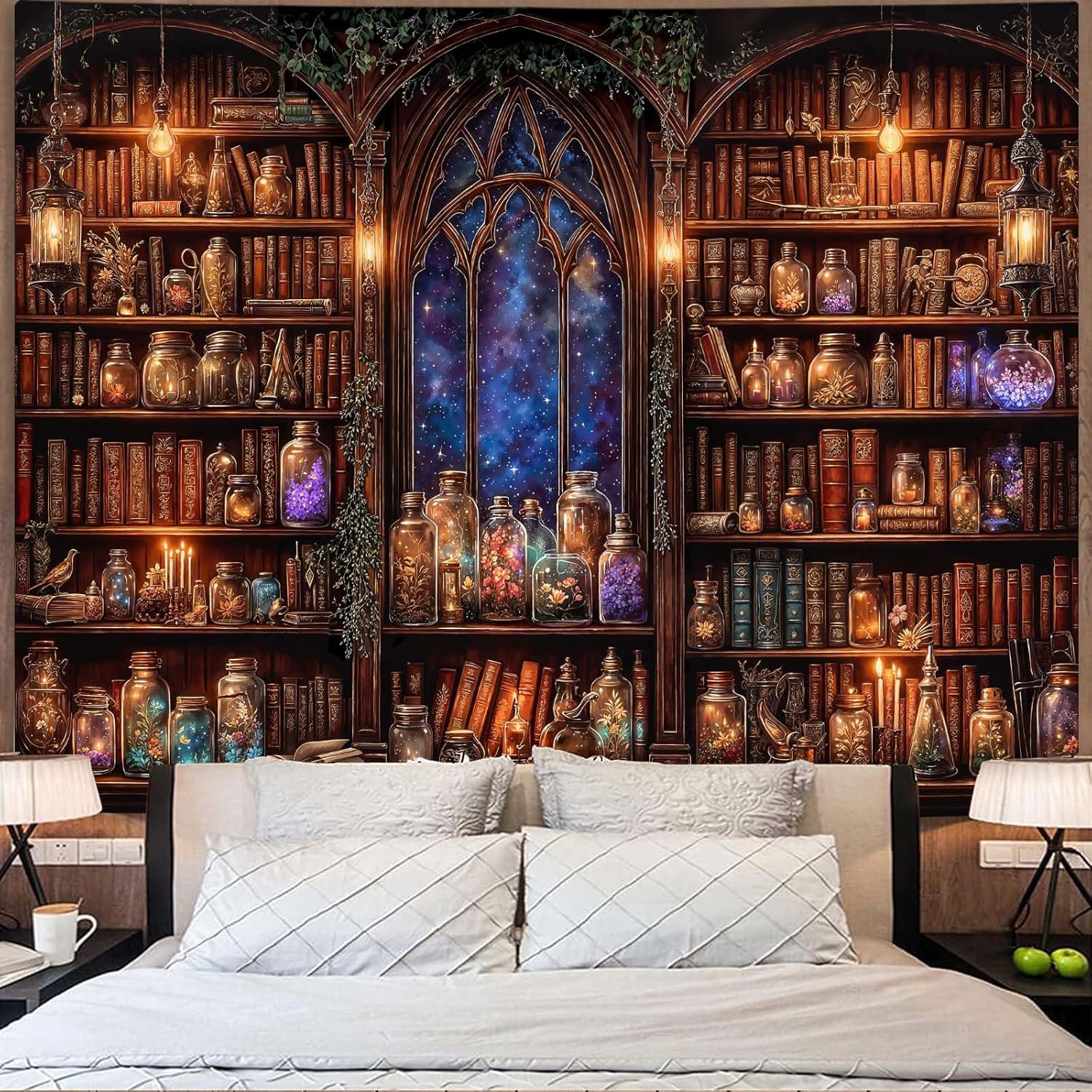 Aesthetic Tapestry - ファンタジー本棚タペストリー中世の妖精植物ポーションライブラリーウォールタペストリー寝室用美的アートヴィンテージ星空ブック