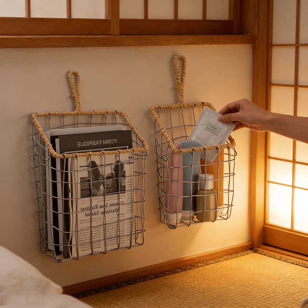 Woven Wall Basket - 素朴な編み込みワイヤーハンギング収納バスケット、コットンロープハンドル付きボヘミアン風壁掛けオーガナイザー、キッチン、バスルーム、寝室の装飾に