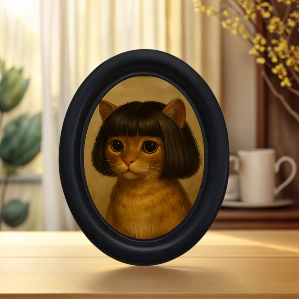 Home Decor Quirky - 1ピースの楽しい長髪猫のウォールアート、面白い猫の額入り装飾画、風変わりなウィッグをかぶった猫が描かれています、木製ミニ吊り下げ絵画、ユニークな家のキッチンやオフィスの装飾、楽しいギフト、ホリデーギフト。