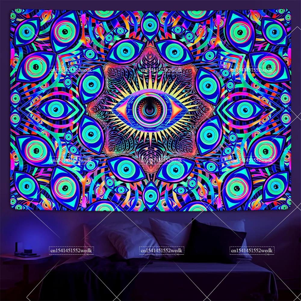 Aesthetic Tapestry - 黒の光の目、ヒッピー、uvの無効性、部屋の抽象的な壁のタペストリーを備えた自由奔放に生きるマデラータペストリー