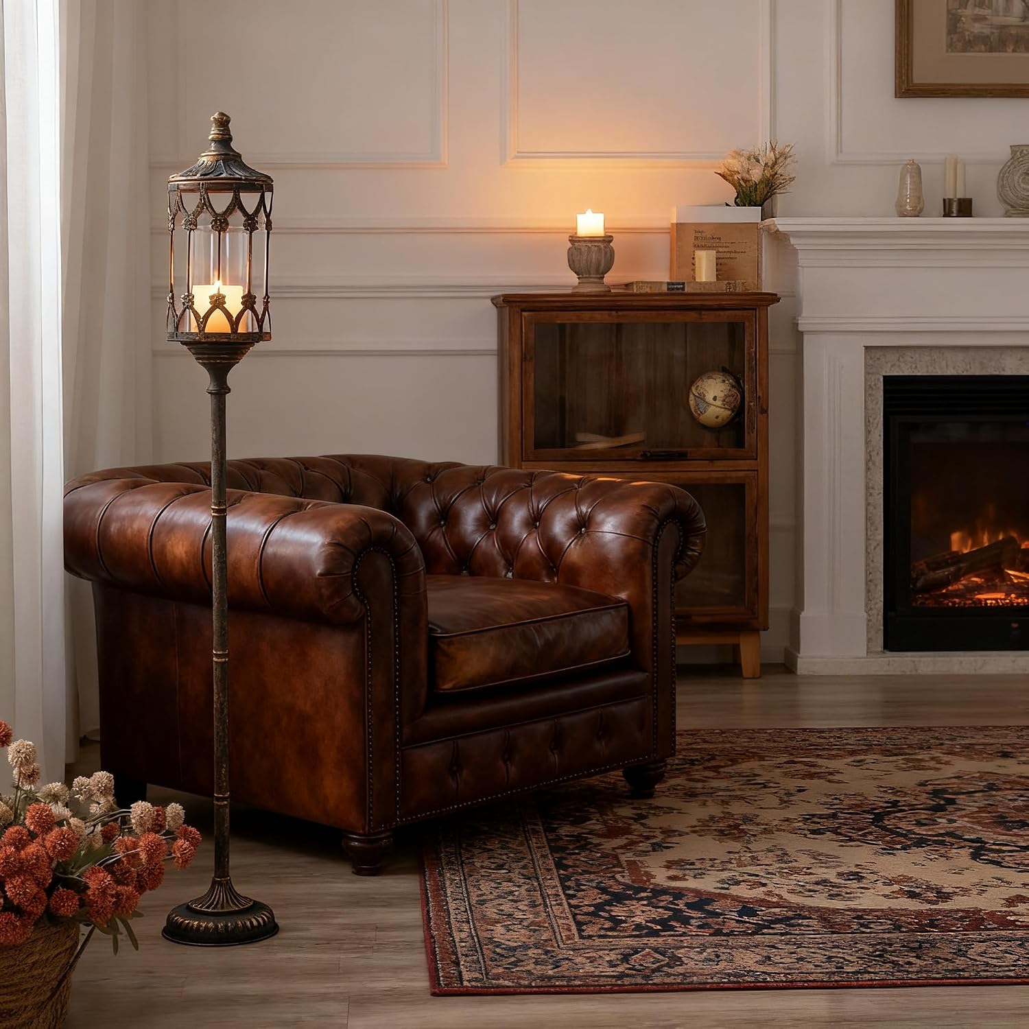 Flooring Home Decor - アンティークゴールド41インチの高さのヴィンテージフロアキャンドルスタンド、ガラスランタン付きメタルキャンドルホルダー、素朴なゴシックピラー装飾アクセント、家庭、結婚式、イベントのセンターピースに