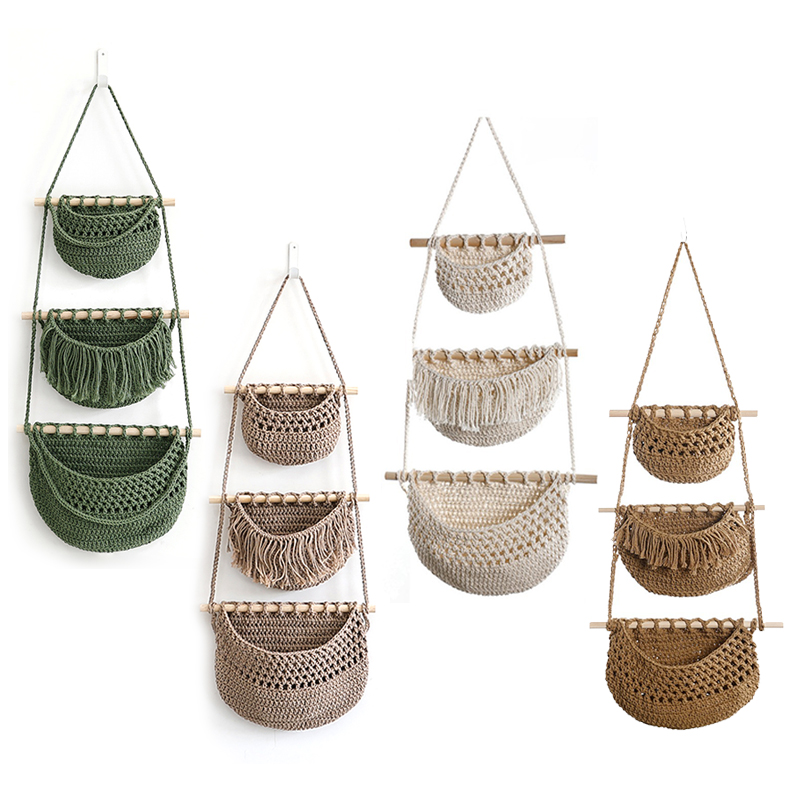 手織り綿ロープ3段収納ラック、壁掛け＆ドア掛けバスケット、素 - Woven Wall Basket のレビューと価格