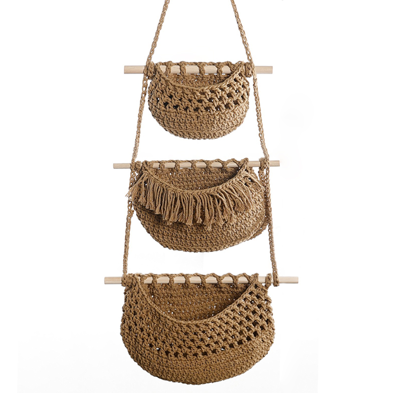 手織り綿ロープ3段収納ラック、壁掛け＆ドア掛けバスケット、素 - Woven Wall Basket のレビューと価格