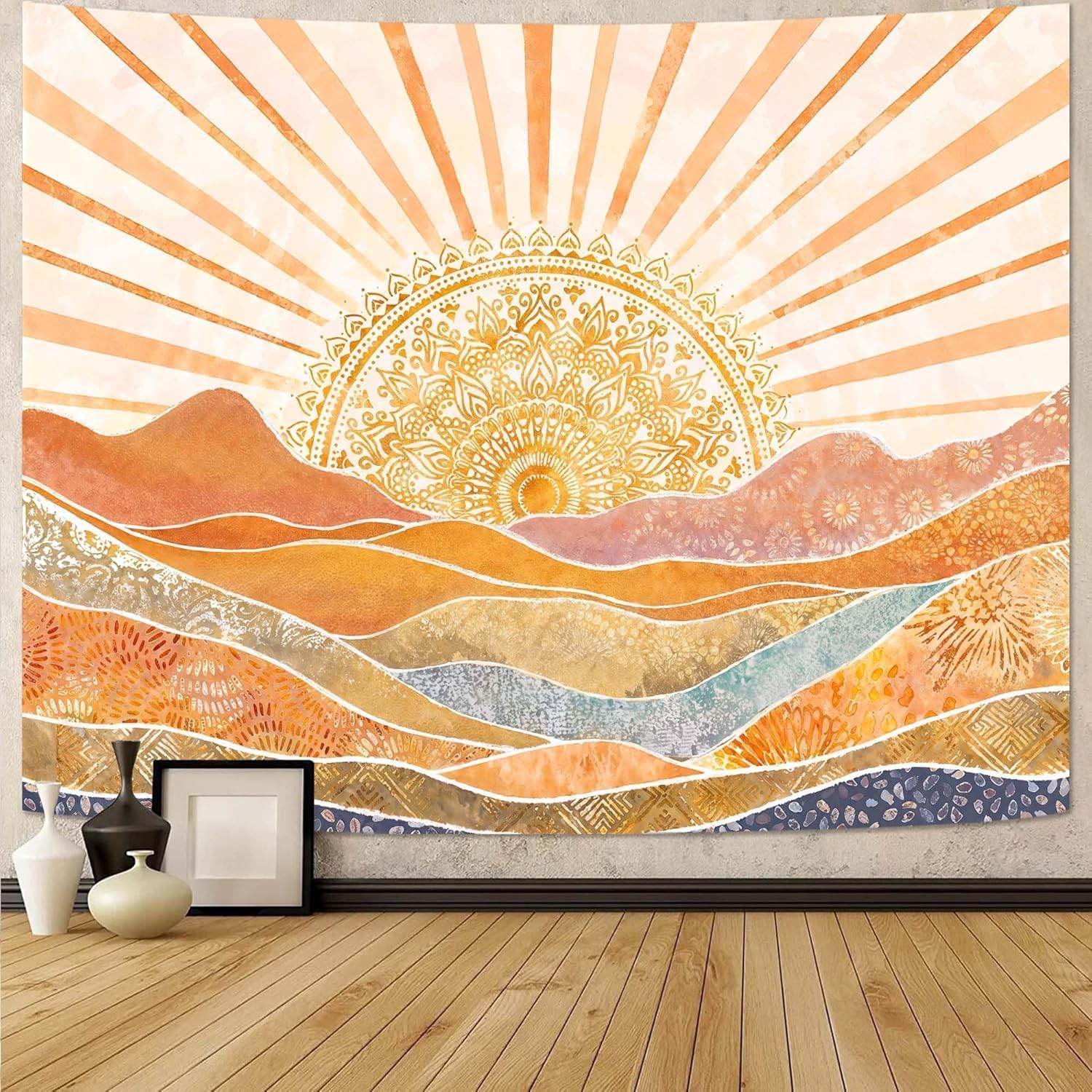 美的ボヘミアン太陽山タペストリー、水彩マンダラサンバースト壁 - Aesthetic Tapestry のレビューと価格