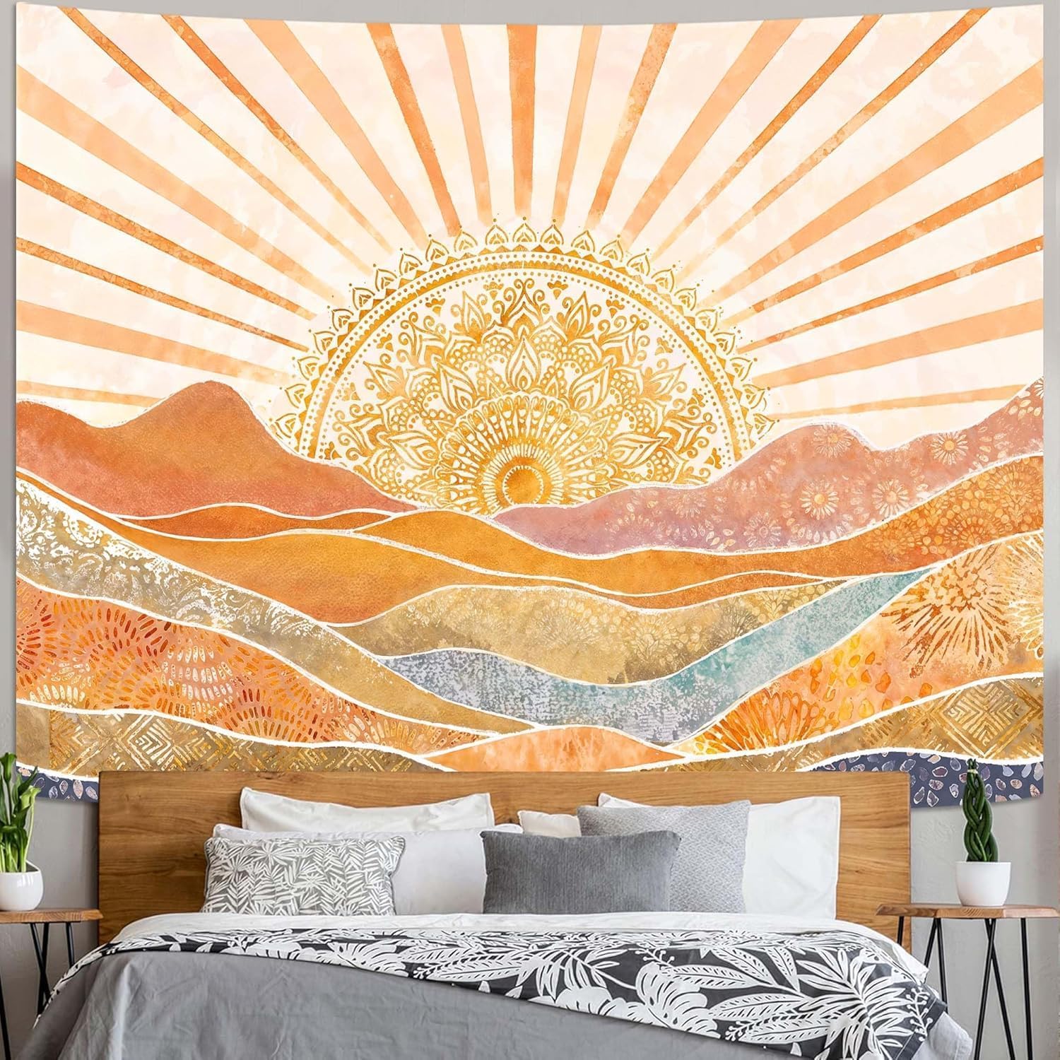 美的ボヘミアン太陽山タペストリー、水彩マンダラサンバースト壁 - Aesthetic Tapestry のレビューと価格