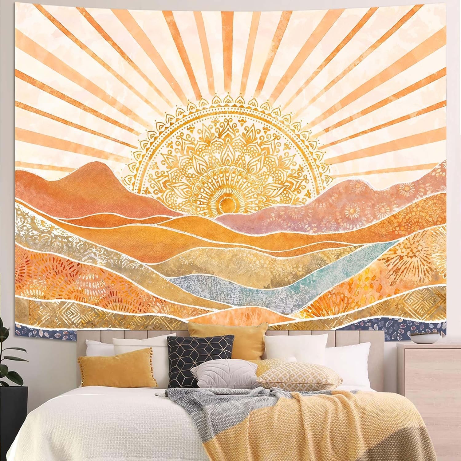 美的ボヘミアン太陽山タペストリー、水彩マンダラサンバースト壁 - Aesthetic Tapestry のレビューと価格