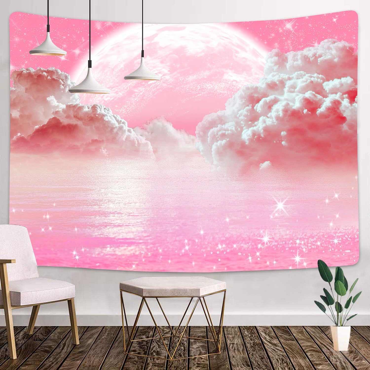 ピンクの雲、空のタペストリー、海、月、星、自然の風景タペスト - Aesthetic Tapestry のレビューと価格