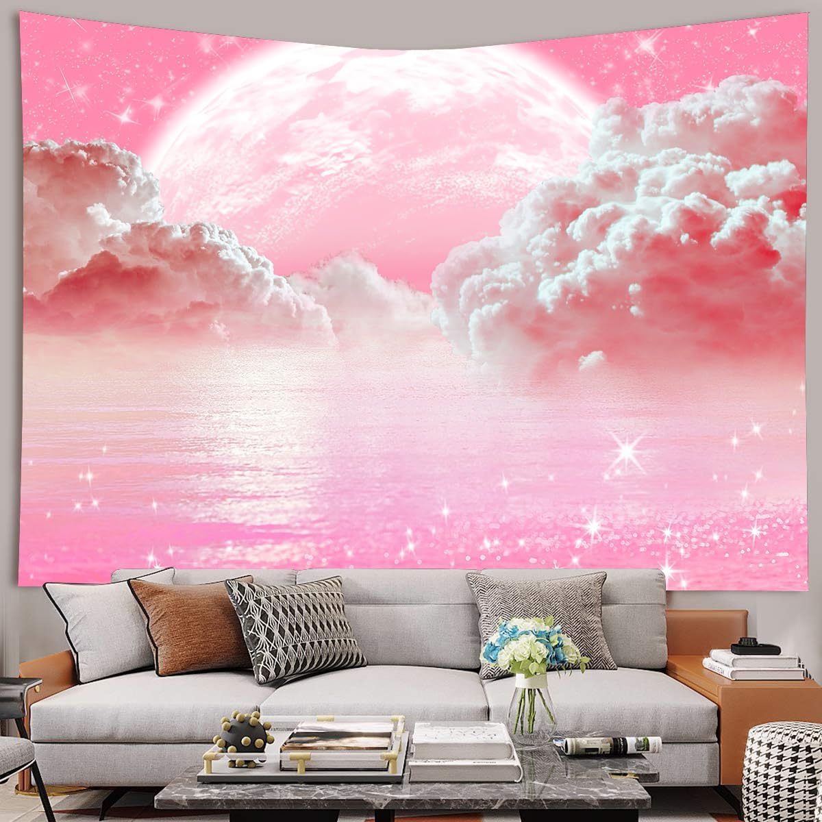 ピンクの雲、空のタペストリー、海、月、星、自然の風景タペスト - Aesthetic Tapestry のレビューと価格