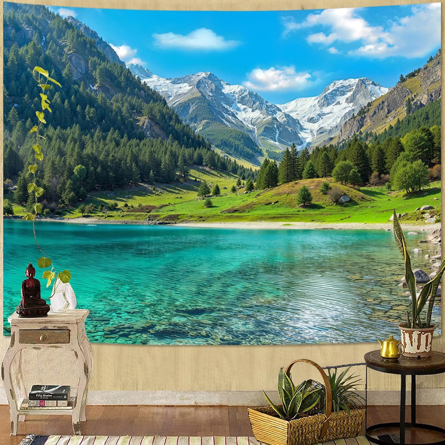 自然森林山のタペストリー 緑豊かな松の木の湖のタペストリー  - Aesthetic Tapestry のレビューと価格