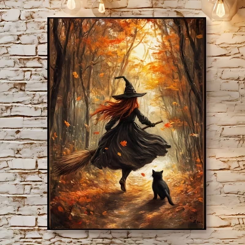 レトロなハロウィン秋の魔女がほうきに乗る壁アートプリントキャ - Home Decor Quirky のレビューと価格