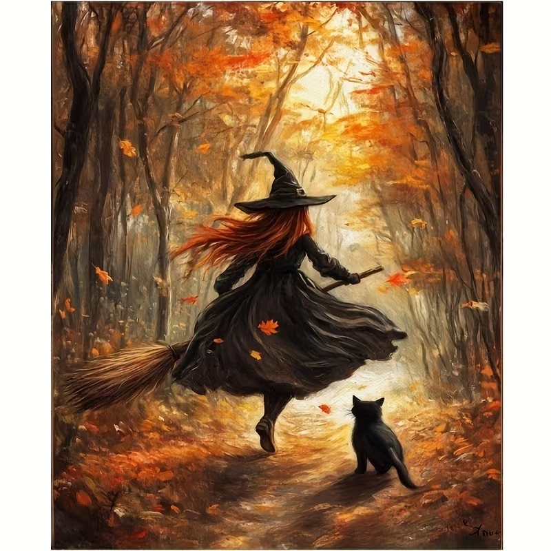 レトロなハロウィン秋の魔女がほうきに乗る壁アートプリントキャ - Home Decor Quirky のレビューと価格