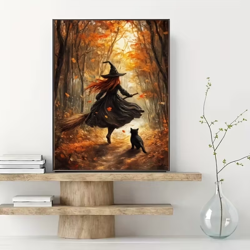 レトロなハロウィン秋の魔女がほうきに乗る壁アートプリントキャ - Home Decor Quirky のレビューと価格