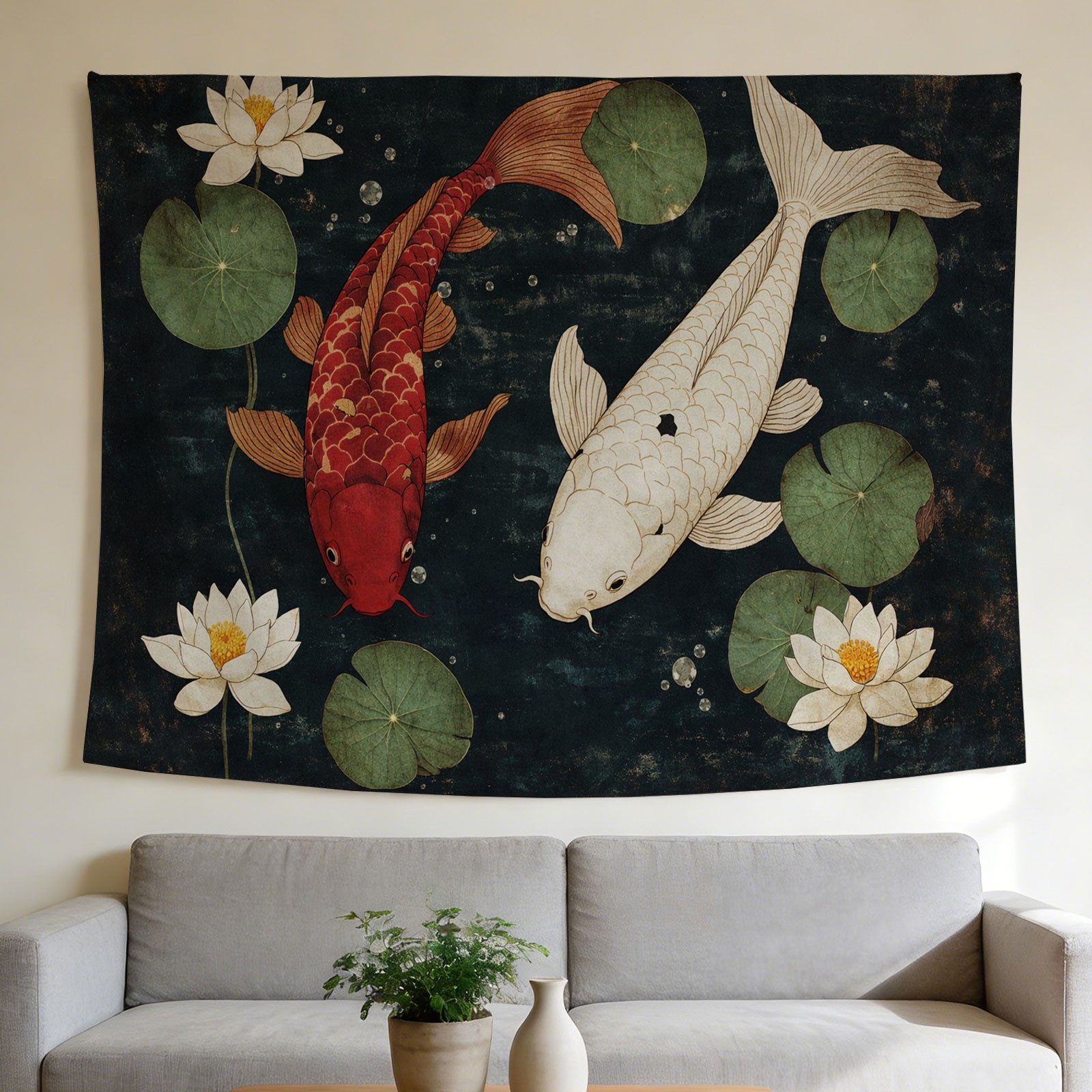 高級鯉と蓮の花のタペストリー壁掛けアート、アジアン装飾、ポリ - Home Decor Japandi Style のレビューと価格