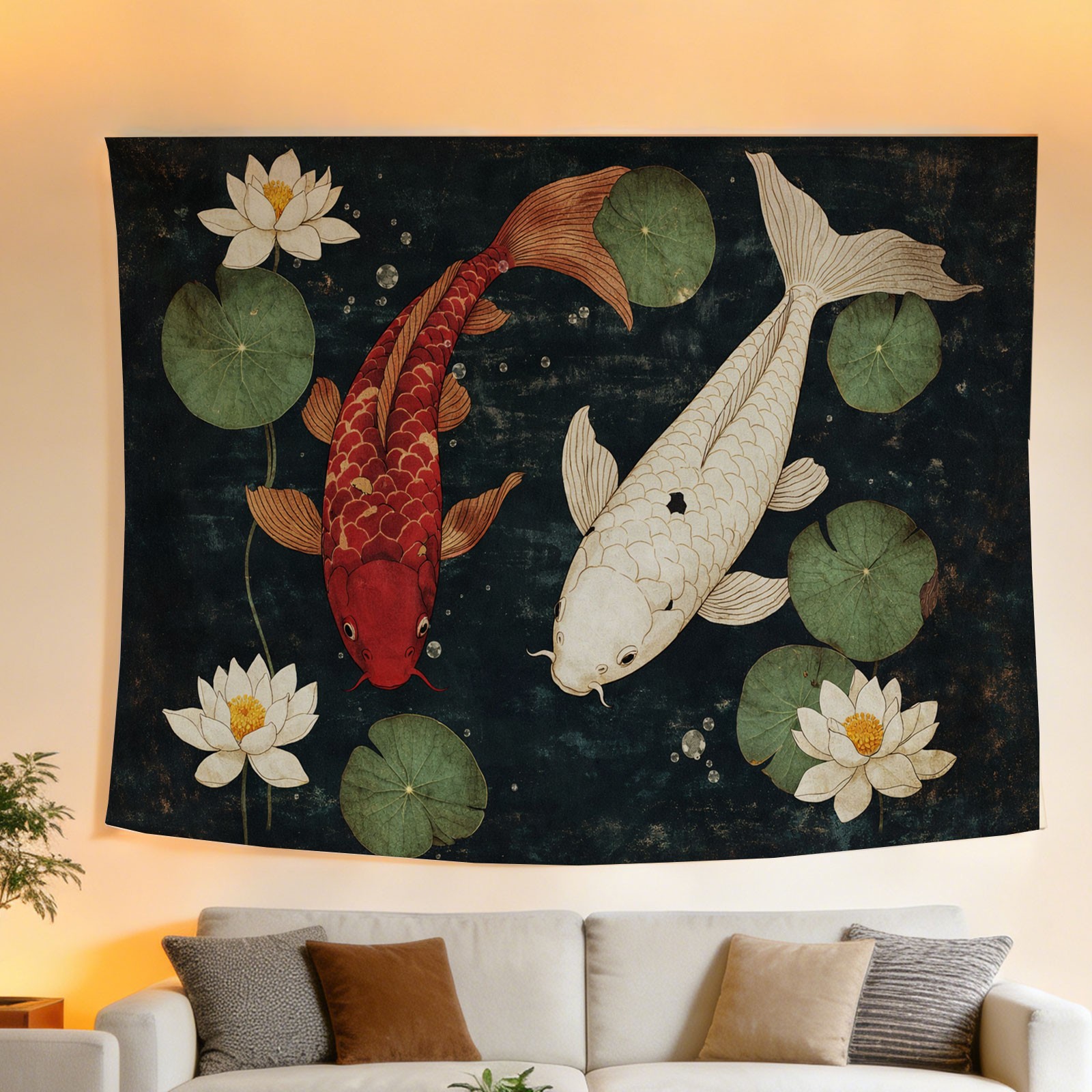 高級鯉と蓮の花のタペストリー壁掛けアート、アジアン装飾、ポリ - Home Decor Japandi Style のレビューと価格