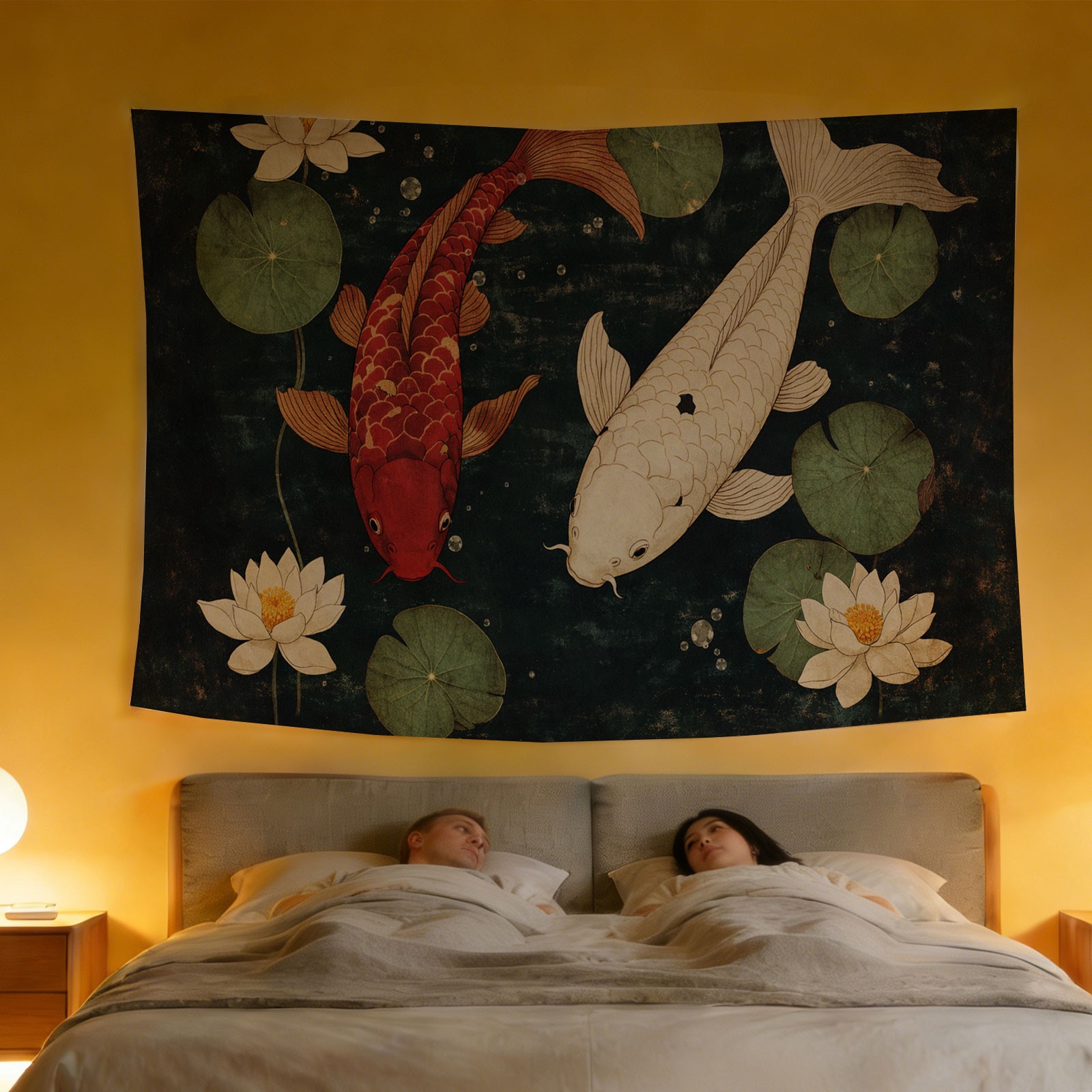 高級鯉と蓮の花のタペストリー壁掛けアート、アジアン装飾、ポリ - Home Decor Japandi Style のレビューと価格