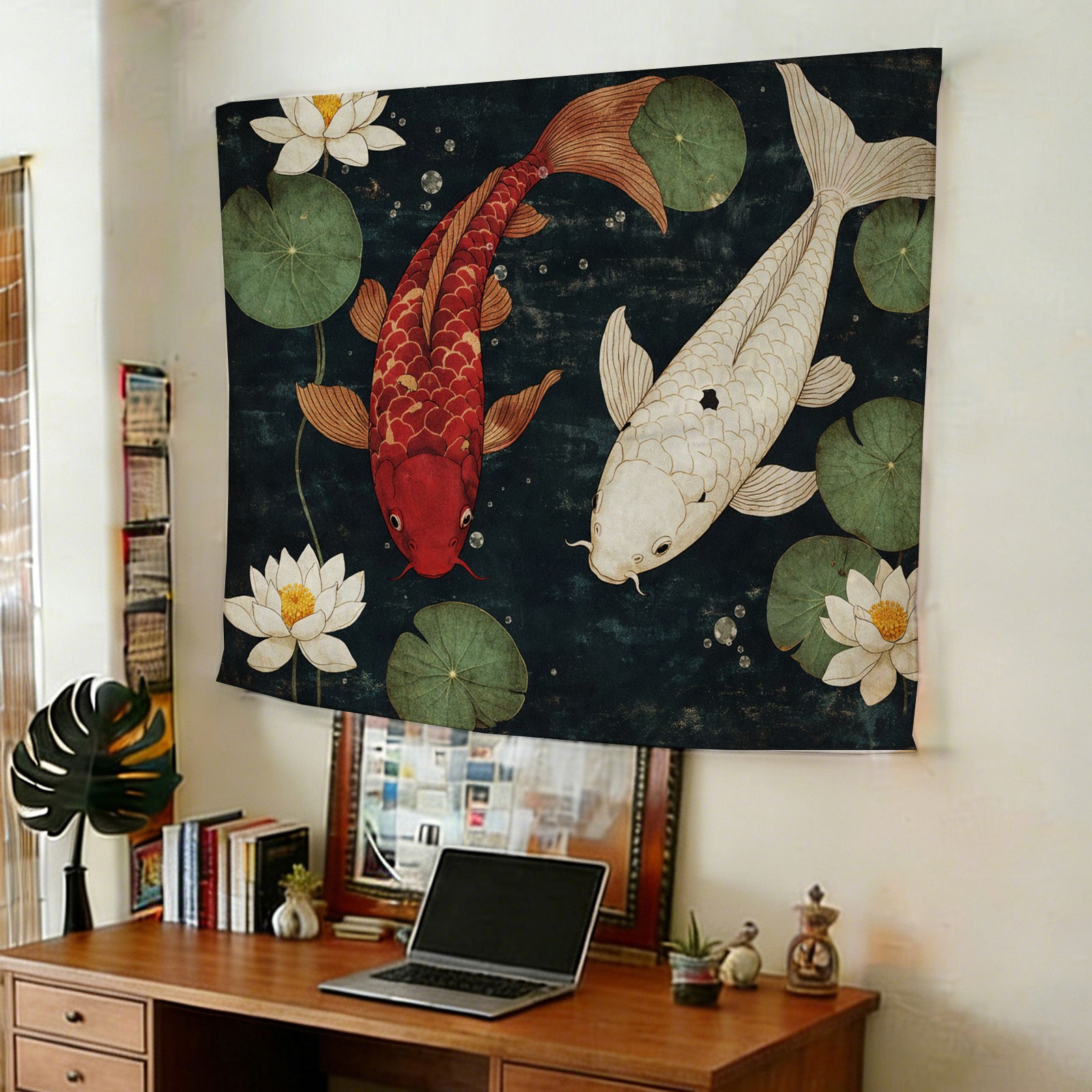 高級鯉と蓮の花のタペストリー壁掛けアート、アジアン装飾、ポリ - Home Decor Japandi Style のレビューと価格