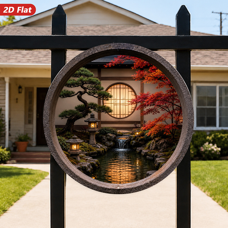 2Dフラット、1枚の丸い金属製サインウォールアート、日本の庭 - Home Decor Garden Ideas のレビューと価格