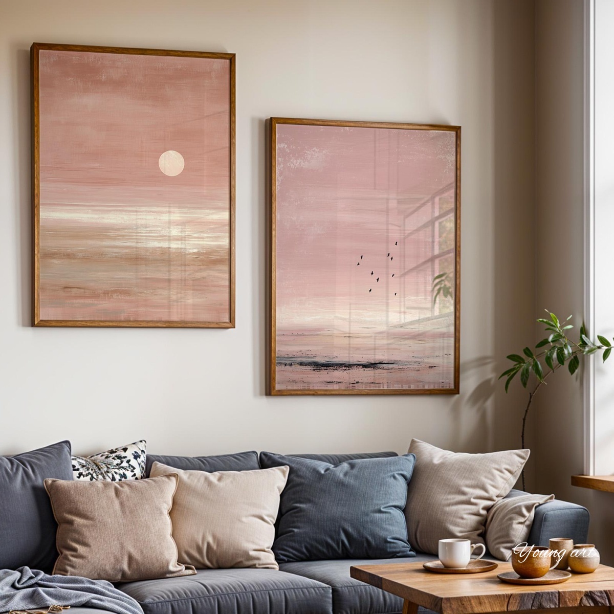 2 ピース/セット日本ピンクサンセット抽象キャンバスプリント - Home Decor Japandi Style のレビューと価格