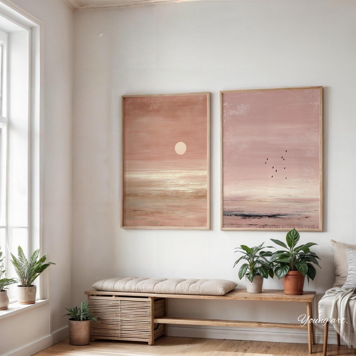 2 ピース/セット日本ピンクサンセット抽象キャンバスプリント - Home Decor Japandi Style のレビューと価格